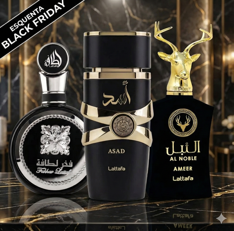 O trio de perfumes árabes mais desejado do momento — 100ml cada! ASAD Lattafa • Fakhar Black • Al Noble 🔥 Kit limitado do Esquenta Black Friday